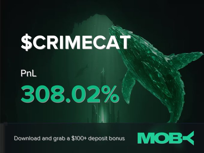 A promotional graphic for $CRIMECAT featuring a green crystalline shark with text displaying a "+308.02%" PnL win, the "MOB" logo, and an offer for a "$100+ deposit bonus," visually highlighting the trader's profitable position referenced in the accompanying win alert post.