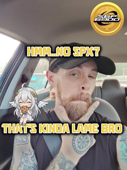 A man in a black cap sitting in a car with a thinking expression, overlaid with text reading 'HMM..NO SPX? THAT'S KINDA LAME BRO' alongside a cartoon angel character eating a cookie and a gold SSP coin logo.