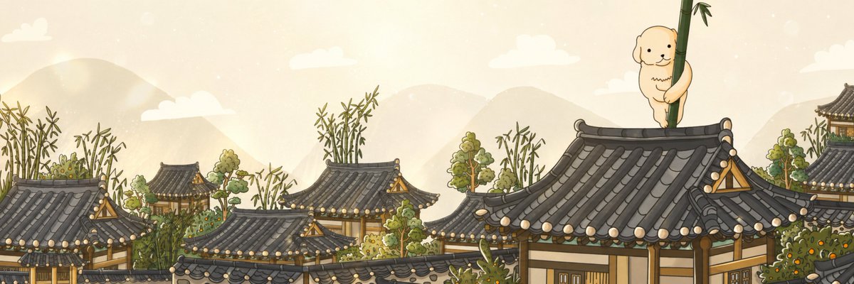 An illustrated panoramic scene of traditional East Asian rooftops with dark tiled curves, bamboo, and distant mountains, featuring a cartoon white puppy clinging to a bamboo pole on the right.