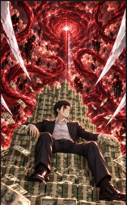 An anime-style illustration of a man in a black suit sitting atop a massive pile of money, with swirling red vortexes and floating dollar bills filling the background.