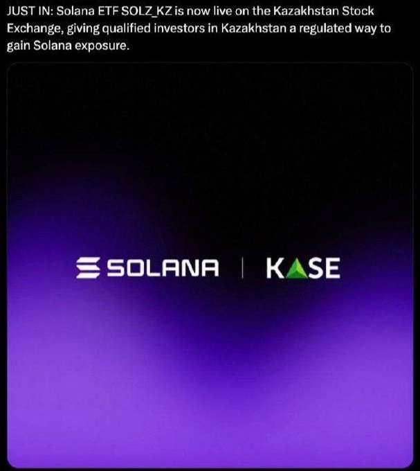 The image announces that the Solana ETF "SOLZ_KZ" is now live on the Kazakhstan Stock Exchange (KASE), featuring the Solana and KASE logos against a purple gradient background. The graphic visually reinforces the post's news about the new regulated Solana investment product available to qualified investors in Kazakhstan.