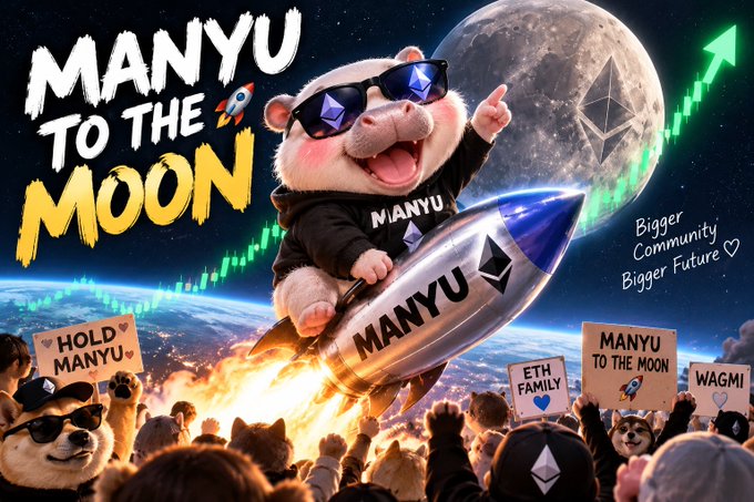 a meme-style promotional image featuring a hamster with sunglasses riding a rocket labeled 'MANYU', with text 'MANYU TO THE MOON' and 'Bigger Community Bigger Future'