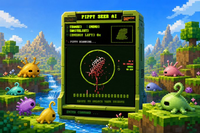 A pixel art-style image showing a green arcade-style terminal labeled 'PIPPY SEER AI' with red text and graphics, set in a landscape with blocky terrain, water, and small colorful creatures.