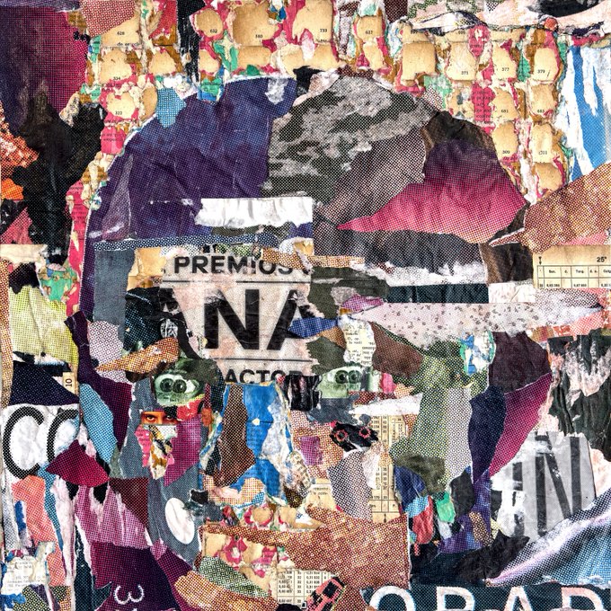 A colorful, abstract mixed-media collage featuring torn paper fragments, text fragments like 'PREMIOS NAC', and various overlapping shapes and textures.