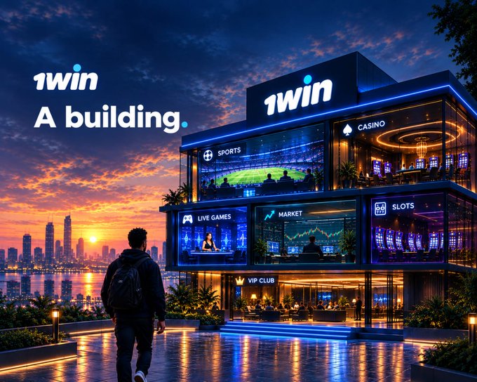 A lone figure gazes at the glowing 1win building at dusk, its illuminated floors showcasing SPORTS, CASINO, LIVE GAMES, MARKET, SLOTS, and VIP CLUB, visually reinforcing the post's theme of 1win as a multi-faceted ecosystem offering distinct experiences—betting, gaming, trading, and luxury—under a single brand.