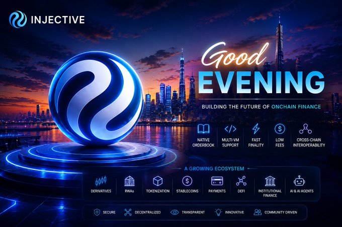 Promotional banner for Injective cryptocurrency featuring a glowing blue logo sphere against a city skyline at dusk, reading 'Good Evening - Building the Future of Onchain Finance' with features like native orderbook, multi-VM support, and a growing ecosystem section.