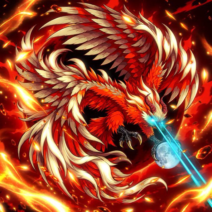 A vivid digital illustration of a fierce phoenix-like bird with red and white plumage surrounded by flames, clutching an orb and emitting blue light from its beak.