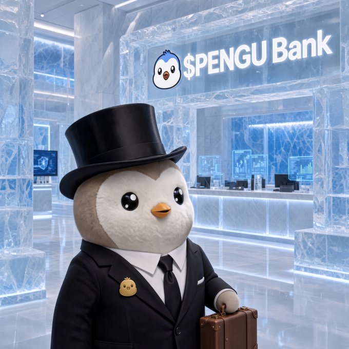 An animated penguin wearing a black top hat and suit stands in an icy bank lobby, with a sign overhead reading '$PENGU Bank' and a small penguin logo.
