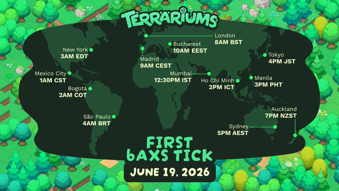 The image features a map of the world with various cities labeled along with their respective times. The text "First bAXS Tick" is also present, which suggests that this event might be related to terrariums or pet care. The post seems to be promoting an online game called Terrariums, where players can earn bIXS ticks by activating land and assigning axies. These ticks are then used to burn lunium, which generates bAXS ticks in return. Players can set the timer for bIXS Tick, and once it expires, they lose their turn. The post also mentions that this game is scheduled to start on June 19th at 8:00 PM.