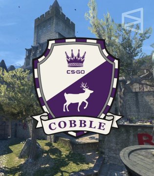 The image displays a purple and white shield-shaped logo featuring a crowned deer with the text "CSGO" and "COBBLE" on a banner, set against a backdrop of what appears to be a Counter-Strike: Global Offensive Cobblestone map scene with a castle and outdoor environment. The logo relates to the post as it likely represents a gambling/betting group or organization ("Cobble") focused on CS:GO wagers, connecting to the mention of Polymarket prediction betting activity and the CS:GO tournament gameplay referenced.