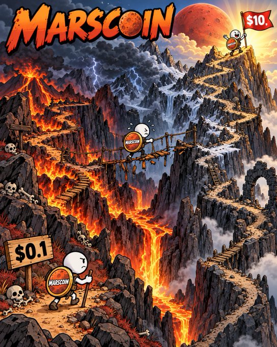A meme coin depiction where a character labeled "MARSCOIN" begins a treacherous journey at "$0.1" through volcanic, skull-strewn paths and shaky rope bridges, striving to reach the "$10" peak—visually representing the post's "Just Hold!" message of enduring volatility for potential gains.