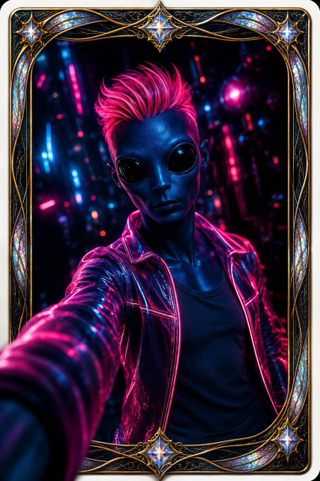 A digital artwork in a decorative frame depicts a blue-skinned alien with pink hair wearing sunglasses and a jacket, set against a neon cityscape.