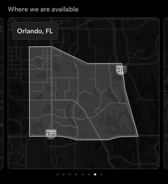 The image shows a map titled "Where we are available" highlighting Orlando, FL, with a shaded service area encompassing parts of the city near I-4 and the Turnpike. The image doesn't appear directly related to the post about $SPCX IPO hype or $TSLA; it seems to be a location-based service map unrelated to the financial commentary.