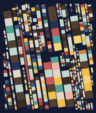 An artwork composed of many colorful rectangular blocks of varying sizes arranged in a grid-like pattern against a dark background.