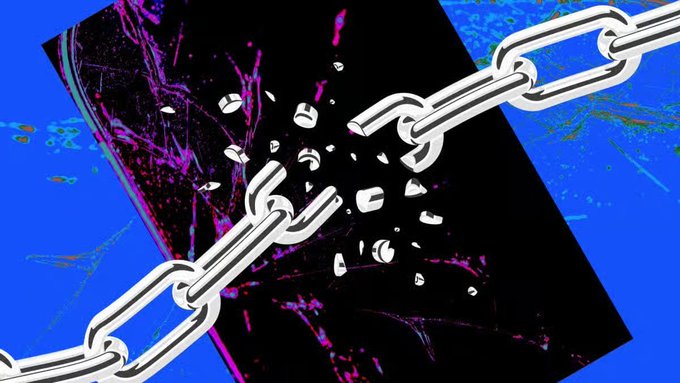 A digital illustration features a shattered black screen with pink and purple cracks, with a white chain breaking through the center against a bright blue background.