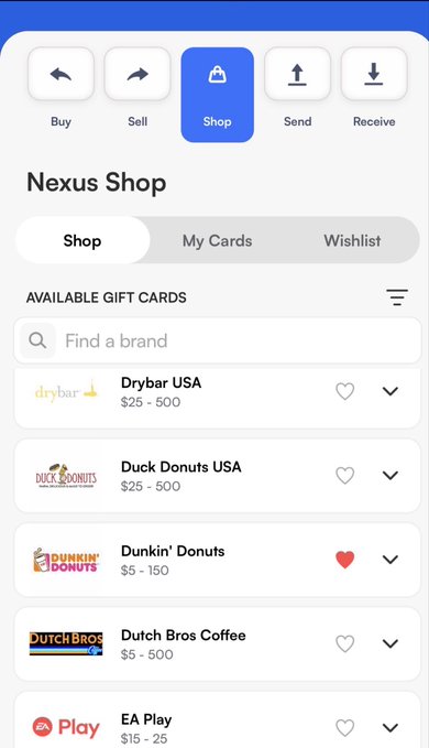 The image shows a cell phone screen displaying a shopping app called Nexus Shop, which has a list of items for sale including Dunkin Donuts products like coffee and donuts. The user has browsed through the shop feature and purchased some items from their mobile wallet. They have also sent a card to their Apple Wallet and received a coffee as a gift.