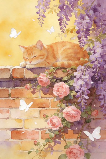 A watercolor-style illustration of a sleeping orange tabby cat resting on a brick wall surrounded by pink roses, white butterflies, and hanging purple wisteria flowers.