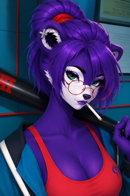 Digital artwork of a purple anthropomorphic panda-like character with green eyes and round glasses, wearing a red tank top and carrying a black bat.