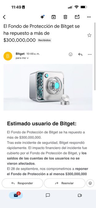 An email from Bitget cryptocurrency exchange displayed on a mobile phone in Spanish, announcing the Bitget Protection Fund has been replenished to over $300,000,000 following a security incident.