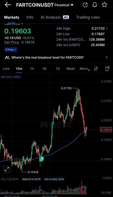 The image shows a TradingView chart for FARTCOINUSDT Perpetual on the 15-minute timeframe, displaying the token's last price at 0.19603 USDT (down 8.01%) with a 24h high of 0.21733 and low of 0.17687, visualizing the sharp decline and recovery that aligns with the poster's account of roundtripping their long position.