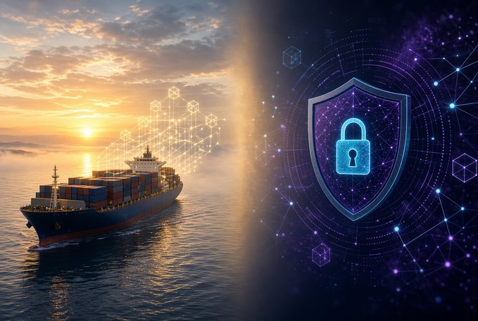 A container ship sails on the ocean at sunset alongside a digital padlock shield and blockchain network graphics, illustrating the convergence of traditional maritime shipping with on-chain security and tokenization. The image visually reinforces the post's theme of EthraShip bringing real-world maritime assets onto the blockchain as RWAs (real-world assets).