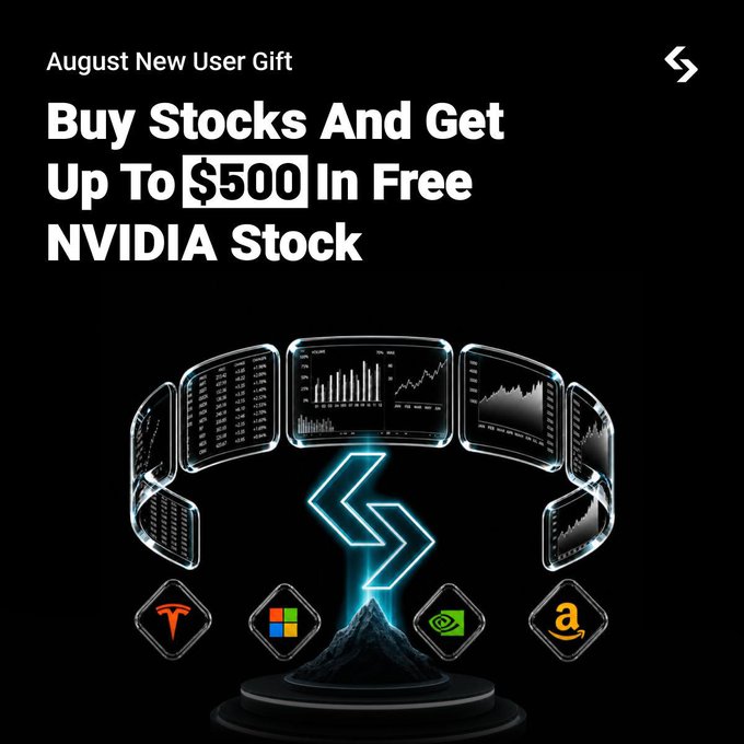 A promotional graphic titled 'August New User Gift' offering 'Buy Stocks And Get Up To $500 In Free NVIDIA Stock', showing stock market charts, a lightning bolt, and logos for Tesla, Microsoft, NVIDIA, and Amazon.