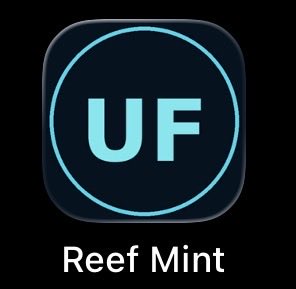 A square black app icon with rounded corners displays the letters "UF" in light blue inside a circular outline, labeled "Reef Mint" below. The "UF" likely stands for "Up First" or similar, representing a personal stock/holding app being teased before public release.