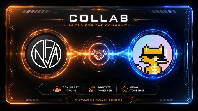 A futuristic banner titled 'COLLAB - UNITED FOR THE COMMUNITY' showing logos for NFA and a pixelated golden fox NFT joined by a handshake, with text 'EXCLUSIVE HOLDER BENEFITS' and 'COMMUNITY STRONG, INNOVATE TOGETHER, GROW TOGETHER.'