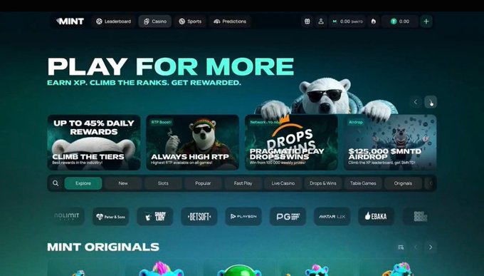 A screenshot of a gambling/casino website called 'MINT' featuring the tagline 'PLAY FOR MORE' and promotional banners including 'DROPS IN DRAGON PLAY Airdrop'.