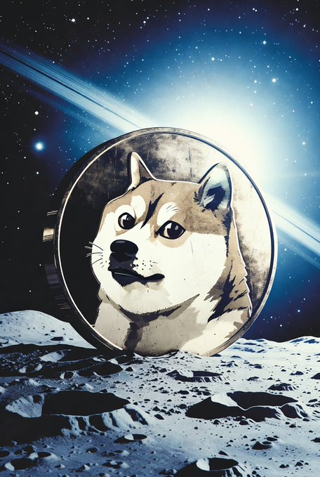 An artistic rendering of the Dogecoin logo featuring a Shiba Inu dog's face on a coin, set against a cosmic background with stars, Saturn's rings, and a lunar surface in the foreground.