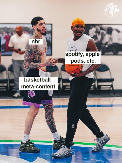 Two basketball players stand on a court; one wears a yellow beanie holding a basketball, with text overlays reading 'nbr', 'spotify, apple pods, etc.', and 'basketball meta-content'.