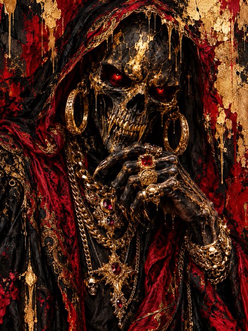 A dark, gothic illustration depicts a skeletal figure with glowing red eyes, adorned with gold jewelry, chains, and ornate rings. The figure wears a tattered red hooded cloak against a gold and black textured background.