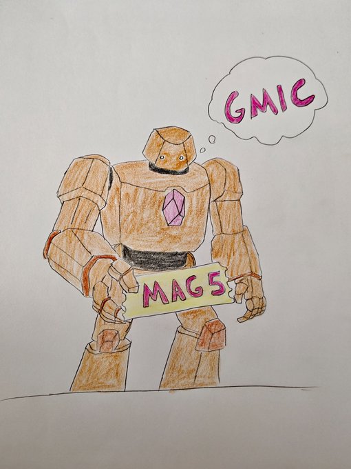 A hand-drawn illustration of a wooden robot with a pink gem on its chest, thinking "GMIC" in a speech bubble while holding a sign reading "MA6S".