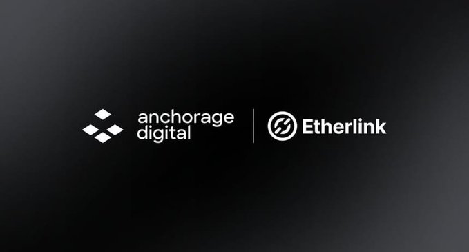 A dark graphic displaying the logos of 'anchorage digital' and 'Etherlink' side by side.