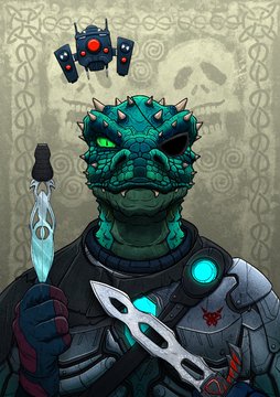 A green reptilian humanoid in futuristic armor wields a glowing blue spear and a sleek bladed weapon, with a floating mechanical drone hovering above its head against a backdrop featuring a faded skull emblem. The sci-fi warrior image complements the "Hail Draconis!" post, evoking themes of allegiance to a powerful, possibly reptilian or dragon-themed faction or leader.