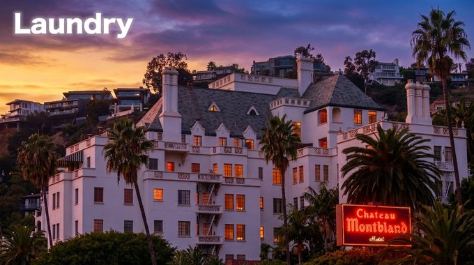 A photograph of the Chateau Marmont hotel at dusk with palm trees, labeled with 'Laundry' in the top left and 'Chateau Montblano' on a sign in the bottom right.