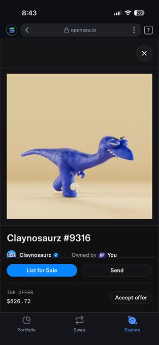 A mobile screenshot from OpenSea.io shows an NFT of a blue clay dinosaur figurine titled 'Claynosaurz #9316' owned by 'You', with a top offer of $826.72.