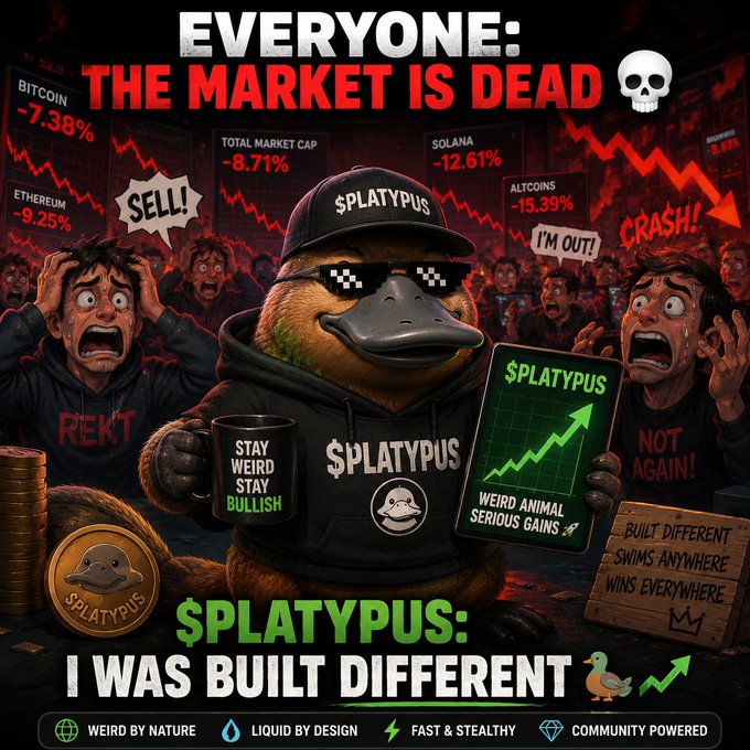 A meme-style graphic titled 'EVERYONE: THE MARKET IS DEAD 💀' showing panicked figures around falling crypto prices (Bitcoin -7.38%, Ethereum -9.25%, Solana -12.61%), contrasted with '$PLATYPUS: I WAS BUILT DIFFERENT' featuring a confident duck mascot holding a green chart.