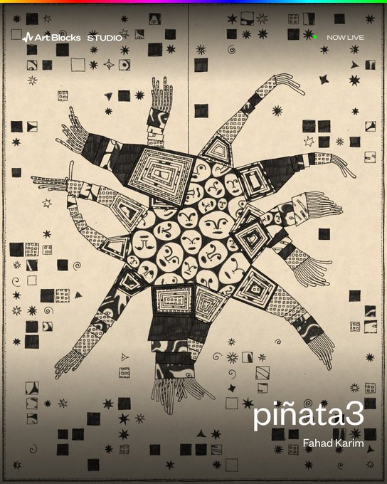 An intricate black-and-white digital artwork titled "piñata3" by Fahad Karim is featured as part of Art Blocks Studio's live collection, showcasing a symmetrical mandala-like design with multiple arms adorned with geometric patterns and facial motifs. The piece is highlighted in a thread celebrating 42 live collections available for collectors to mint and save their favorites.