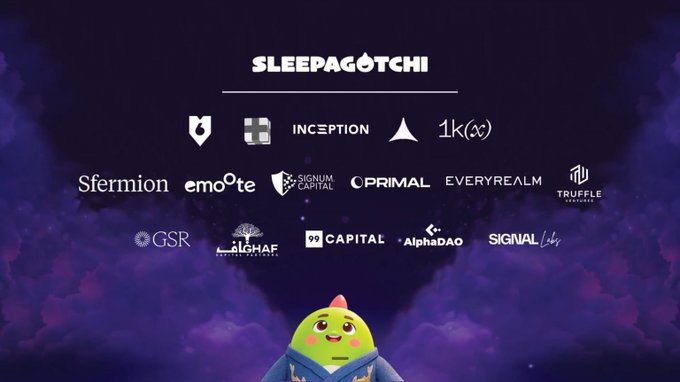 The image displays the "SLEEPAGOTCHI" branding alongside its investor and partner logos, including Inception, 1k(x), Sfermion, Emoote, Signum Capital, Primal, Everyrealm, Truffle, GSR, AlghaF Ventures, 99 Capital, AlphaDAO, and Signal. A cute green cartoon mascot with a pink mohawk reading a book appears at the bottom against a dreamy purple cloud background, reinforcing the post's message about the project's gamified sleep-tracking ecosystem.