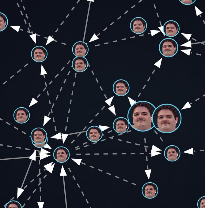 An abstract digital illustration showing multiple identical faces of a mustached man connected by dashed lines and arrows on a dark background, representing a network or social graph.