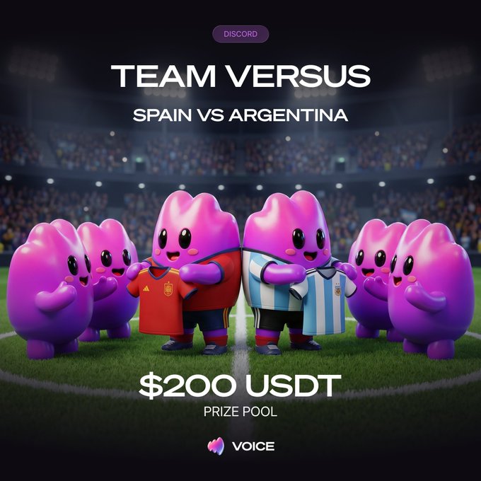 Promotional graphic for the "Team Versus" Discord event featuring pink blob mascots holding jerseys—one in Spain's red kit and another in Argentina's light blue and white stripes—with "SPAIN VS ARGENTINA," a "$200 USDT" prize pool, and the Voise logo displayed against a stadium backdrop.