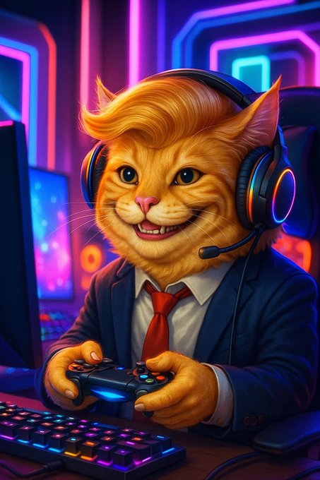 Stylized illustration of an orange cat wearing a blue suit, red tie, and gaming headset while holding a game controller in a neon-lit gaming setup.