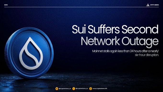 The image shows a blue coin with a white "S" logo sitting on top of a dark surface. The background of the image is black, making the blue coin stand out prominently. Below the coin, there is text that reads "Sui suffers second network outage", which indicates that Sui has experienced another network outage. The post also mentions that the network stall was caused by a bug and that it has affected block production for more than 24 hours after its worst outage on record.