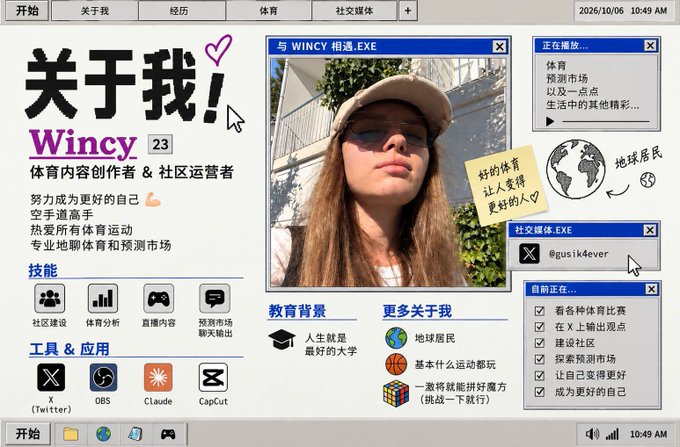 A Windows 98-style personal profile page titled "关于我" (About Me) for "Wincy", age 23, a sports content creator and community operator, featuring sections for skills, tools (X/Twitter, OBS, Claude, CapCut), and contact info including @gusik4ever.