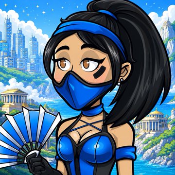 A stylized cartoon character of a woman with a black ponytail, blue ninja mask, and blue outfit holds a blue and white fan against a backdrop of a futuristic city and ancient Greek-style architecture. The image ties into the post by visually representing the "Wegens and Wegenettes" NFT project theme, with the character's warrior-like appearance symbolizing the ongoing migration effort to the Ethereum blockchain.