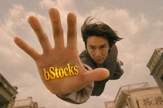 An action shot of Jackie Chan flying through the air with his palm outstretched toward the camera, featuring the gold text "bStocks" overlaid on his hand.