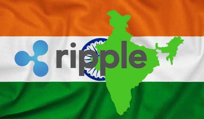 A composite image showing the Indian flag with a green silhouette of the country overlaid along with the blue Ripple cryptocurrency logo and 'ripple' text.