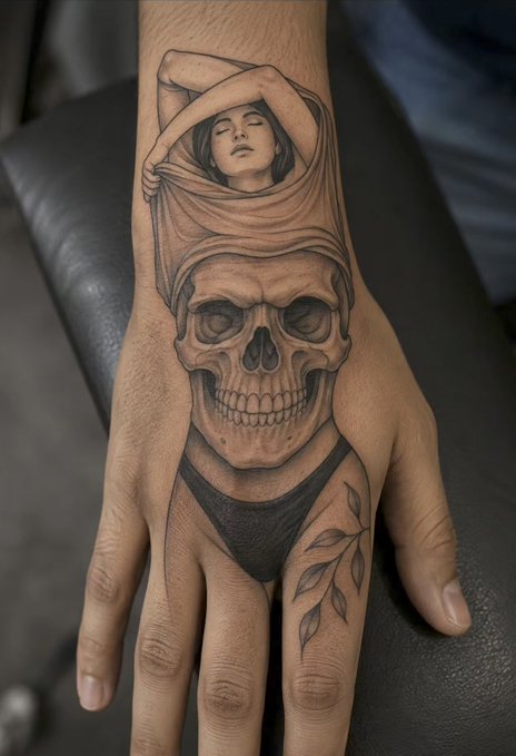 A hyper-realistic black and grey tattoo on a hand depicting a surreal composition: a woman's face emerging from draped fabric above a detailed human skull, with a delicate leafy branch extending down the finger. The shading and detail work create a lifelike, three-dimensional effect as requested in the post's prompt for a realistic masterpiece.