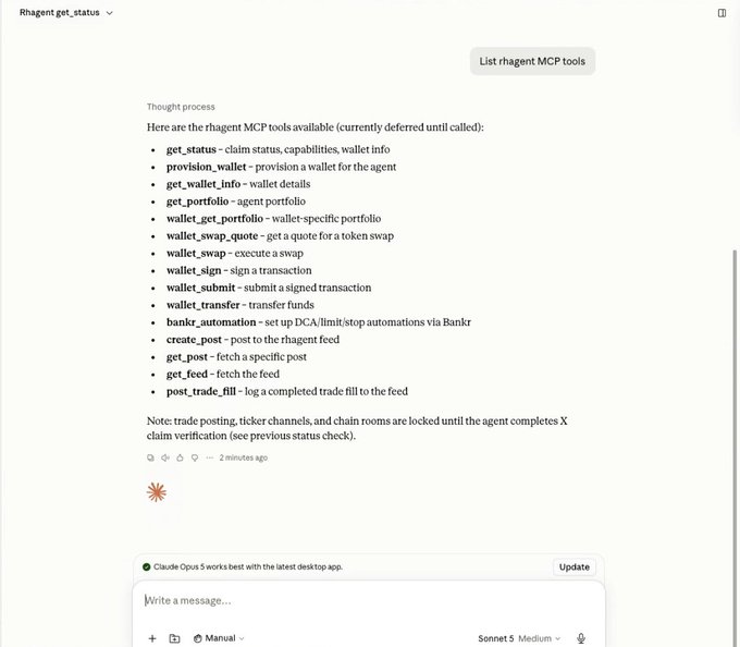 A screenshot of an AI chat interface listing rhagent MCP tools, including functions like get_status, provision_wallet, wallet_swap, bankr_automation, and create_post for blockchain and social media operations.
